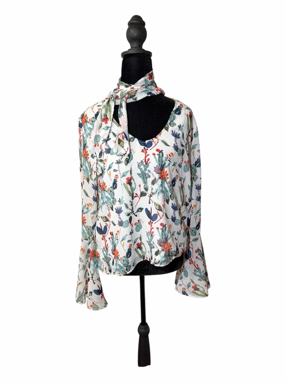 Walter Baker Cactus Print Bell Sleeve Neck Tie Blouse
